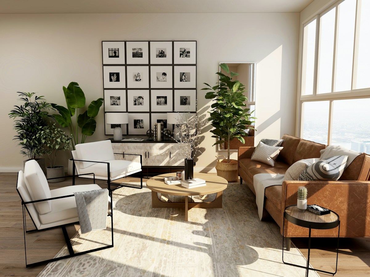 Warm neutral living room with tactile upholstery and natural wood